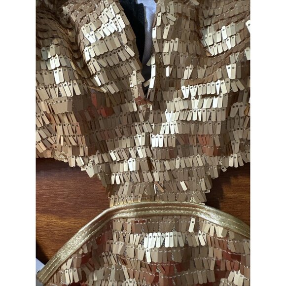 Women Sequin Mini Dress Cut Out Large Gold/Yellow V-Neck Long Sleeve Zipper Back - Picture 13 of 14